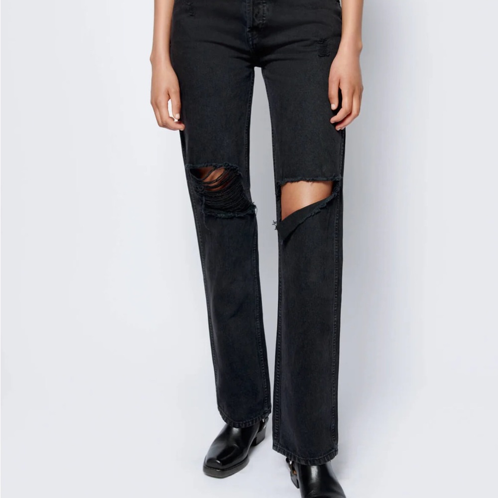 Re/Done Black High Rise Loose Jeans (washed black with rips)